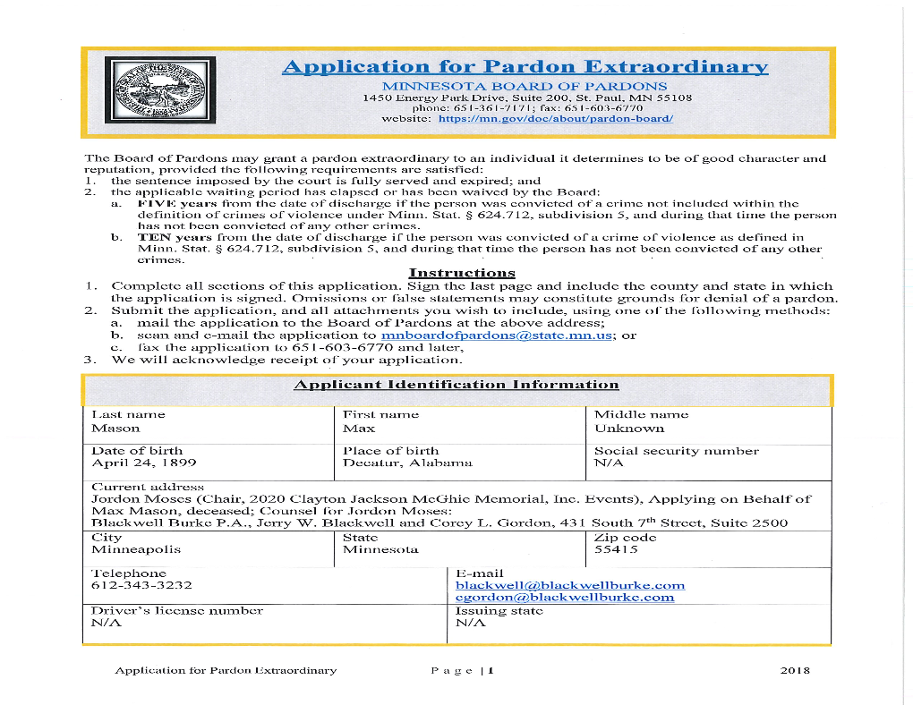 State of Minnesota Board of Pardons Application for Posthumous Pardon of Max Mason