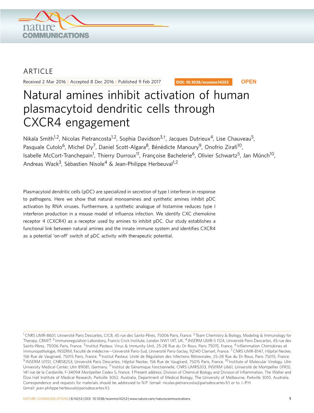 Natural Amines Inhibit Activation of Human Plasmacytoid Dendritic Cells Through CXCR4 Engagement