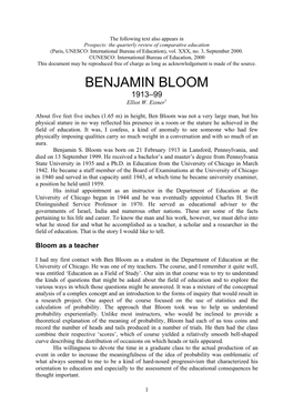 BENJAMIN BLOOM 1913–99 Elliot W