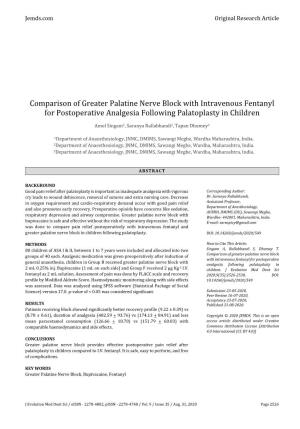 Comparison of Greater Palatine Nerve Block with Intravenous Fentanyl for Postoperative Analgesia Following Palatoplasty in Children