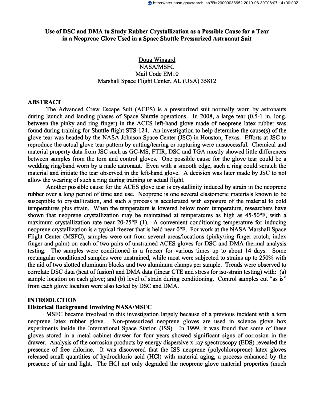 Use of DSC and DMA to Study Rubber Crystallization As a Possible Cause for a Tear in a Neoprene Glove Used in a Space Shuttle Pressurized Astronaut Suit