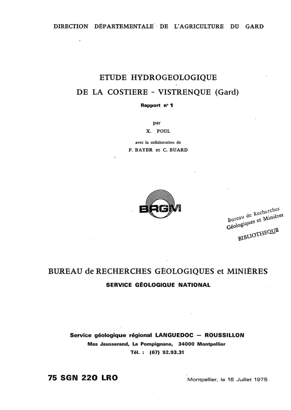 VISTRENQUE (Gard) BUREAU De RECHERCHES GÉOLOGIQUES Et