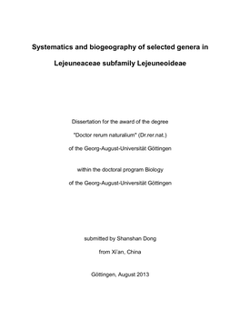 Systematics and Biogeography of Selected Genera in Lejeuneaceae