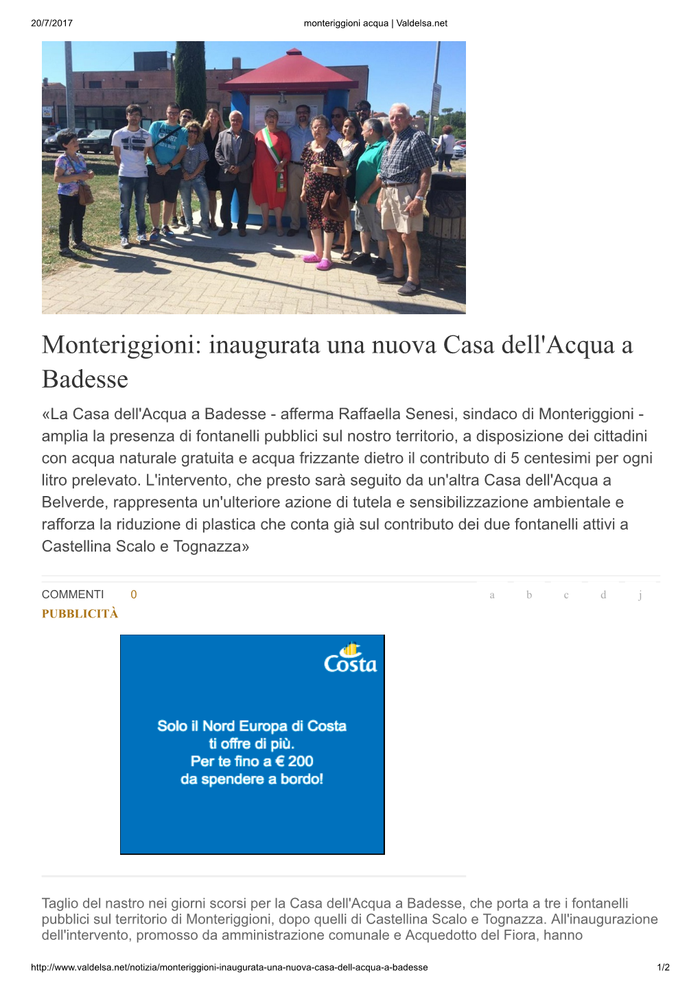 Monteriggioni: Inaugurata Una Nuova Casa Dell'acqua a Badesse