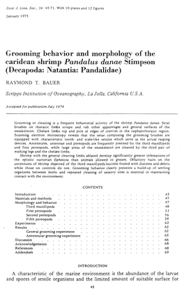 Grooming Behavior and Morphology of the Caridean Shrimp Pandalus Danae Stimpson (Decapoda: Natantia: Pandalidae)
