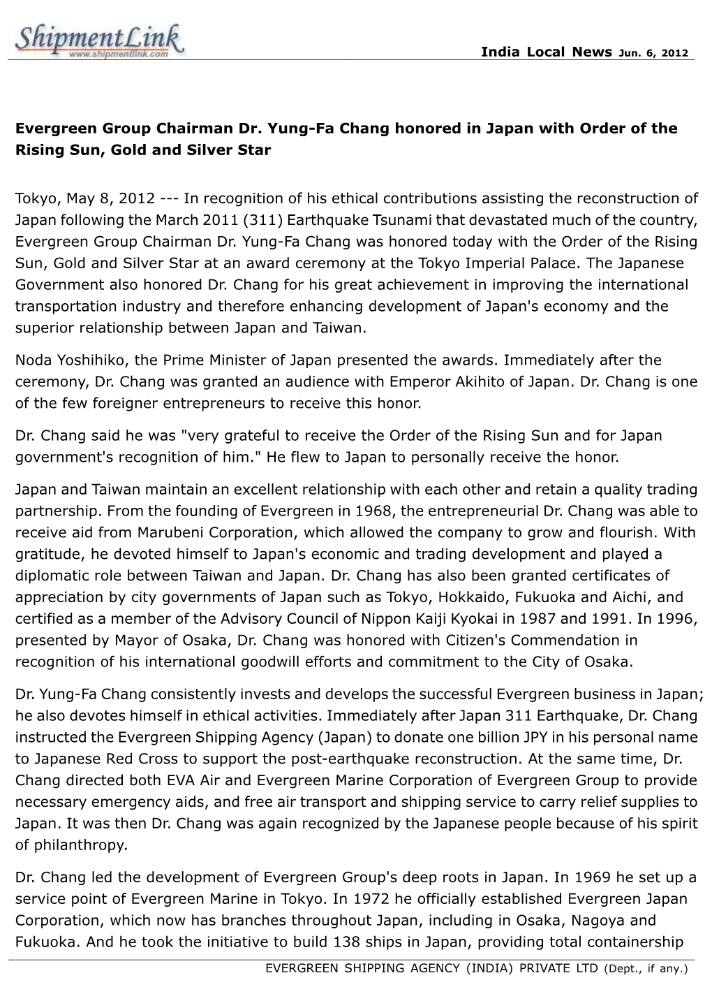 Evergreen Group Chairman Dr. Yung-Fa Chang Honored in Japan with Order of the Rising Sun, Gold and Silver Star