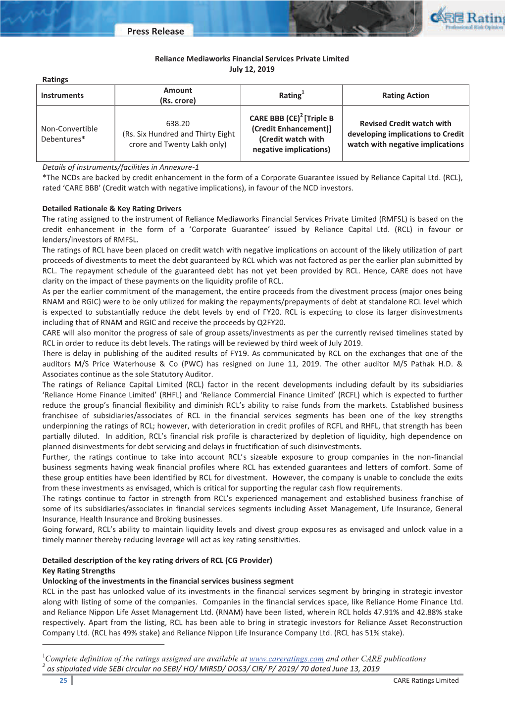 Reliance Mediaworks Financial Services Private Limited July 12, 2019 Ratings Amount Instruments Rating 1 Rating Action (Rs