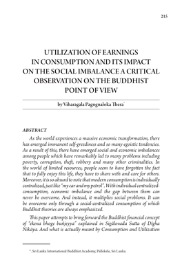 Utilization of Earnings in Consumption and Its Impact on the Social Imbalance a Critical Observation on the Buddhist Point of View