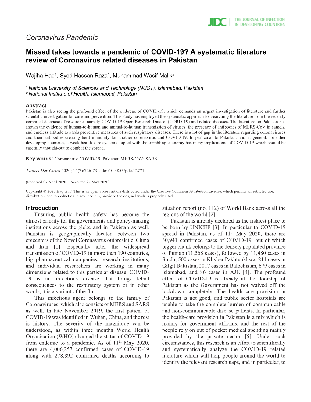 Missed Takes Towards a Pandemic of COVID-19? a Systematic Literature Review of Coronavirus Related Diseases in Pakistan