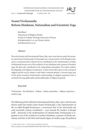 Swami Vivekananda. Reform Hinduism, Nationalism and Scientistic Yoga