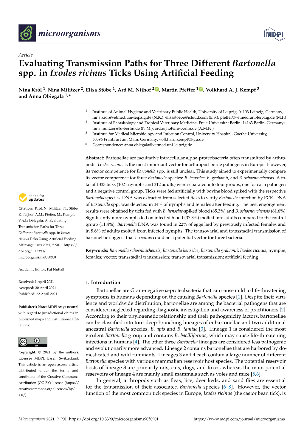 Evaluating Transmission Paths for Three Different Bartonella Spp. in Ixodes Ricinus Ticks Using Artiﬁcial Feeding