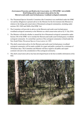 Draft Listing Advice and Conservation Advice for the Illawarra and South Coast Lowland Grassy Woodland Ecological Community