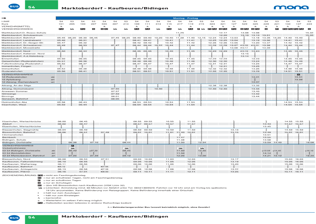 54 Marktoberdorf, Bahnhof an 07.05 07.39 09.10 12.05 13.00 14.21 15.10 16.25
