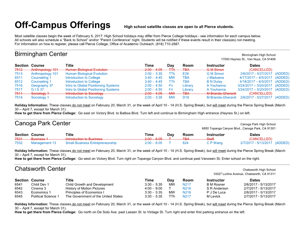 Off-Campus Offerings High School Satellite Classes Are Open to All Pierce Students
