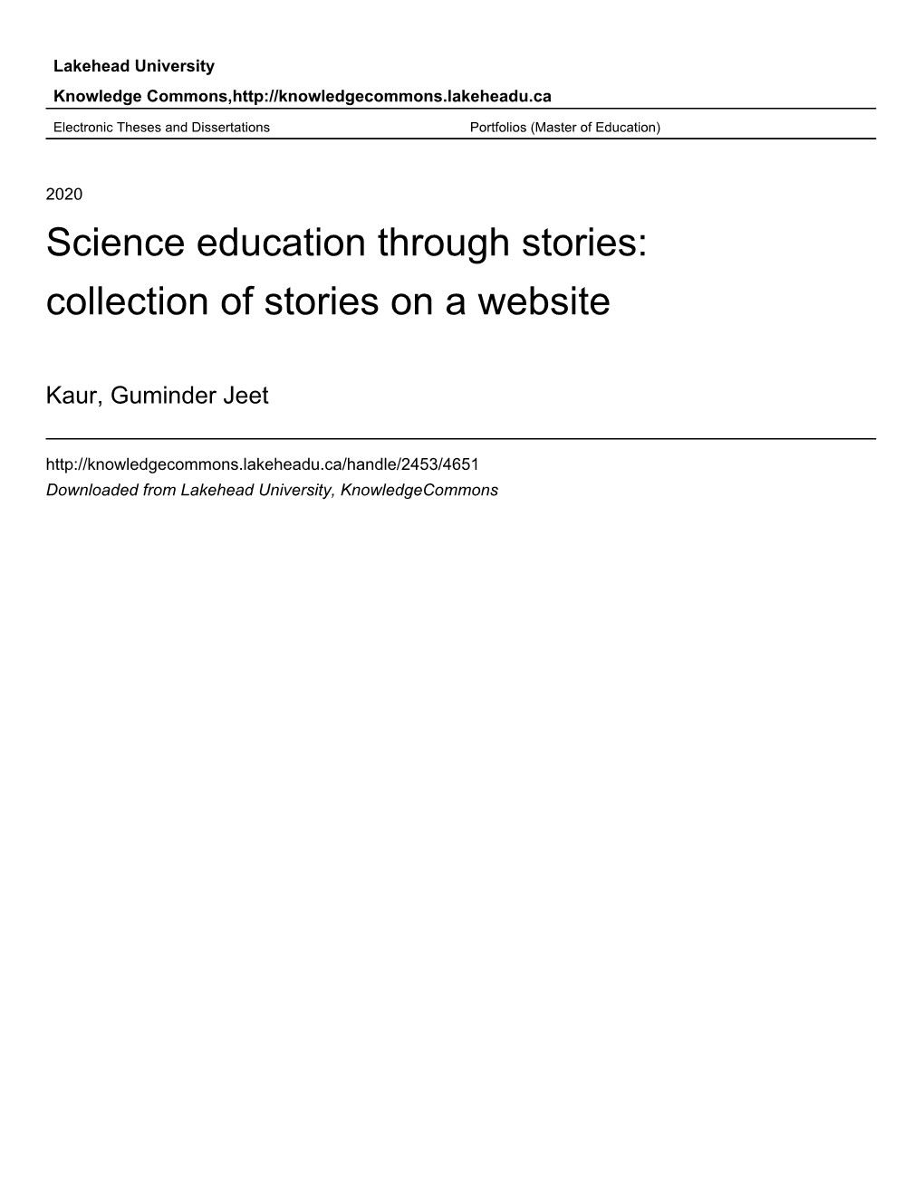 Science Education Through Stories: Collection of Stories on a Website