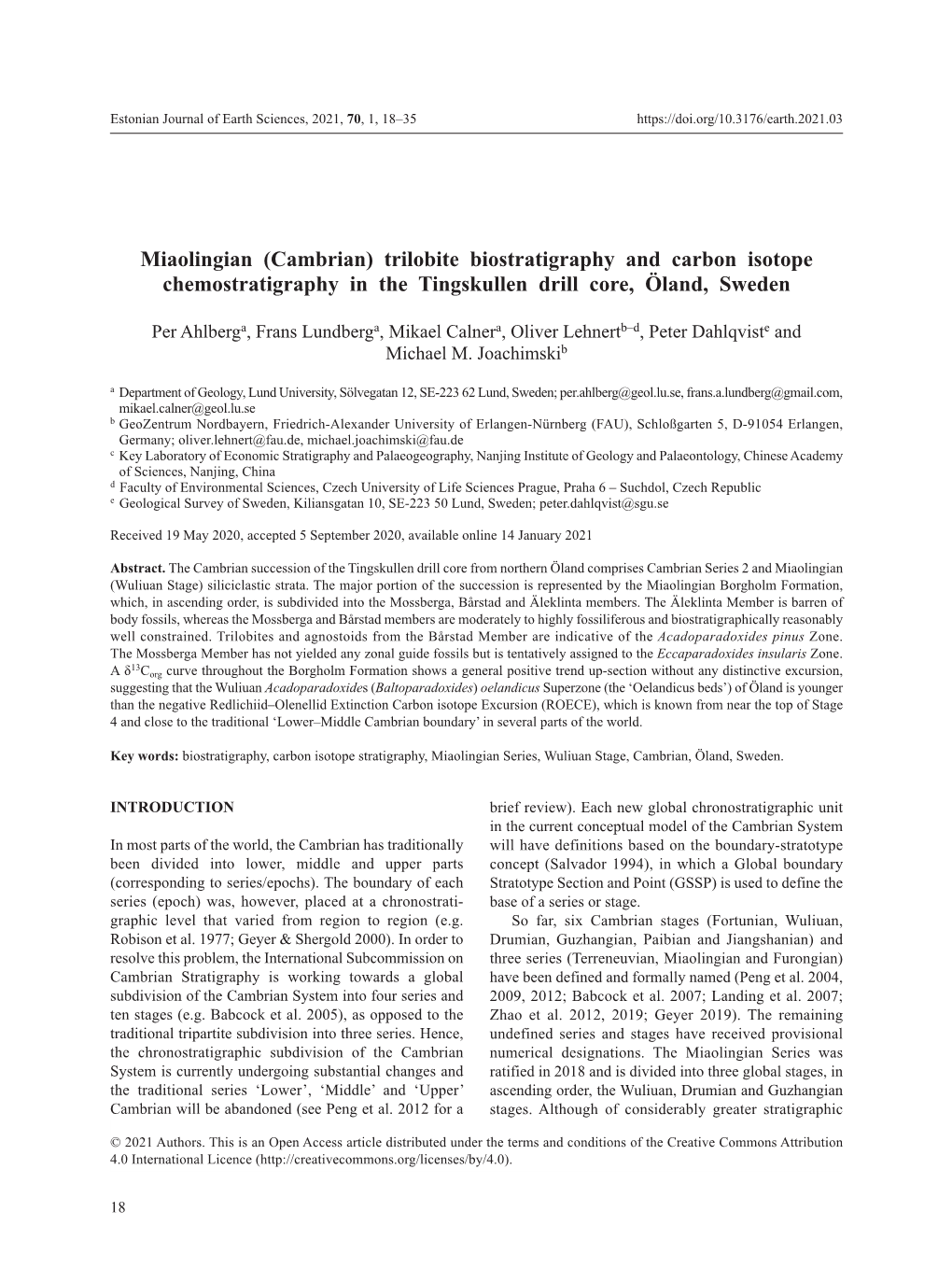 Trilobite Biostratigraphy and Carbon Isotope Chemostratigraphy in the Tingskullen Drill Core, Öland, Sweden