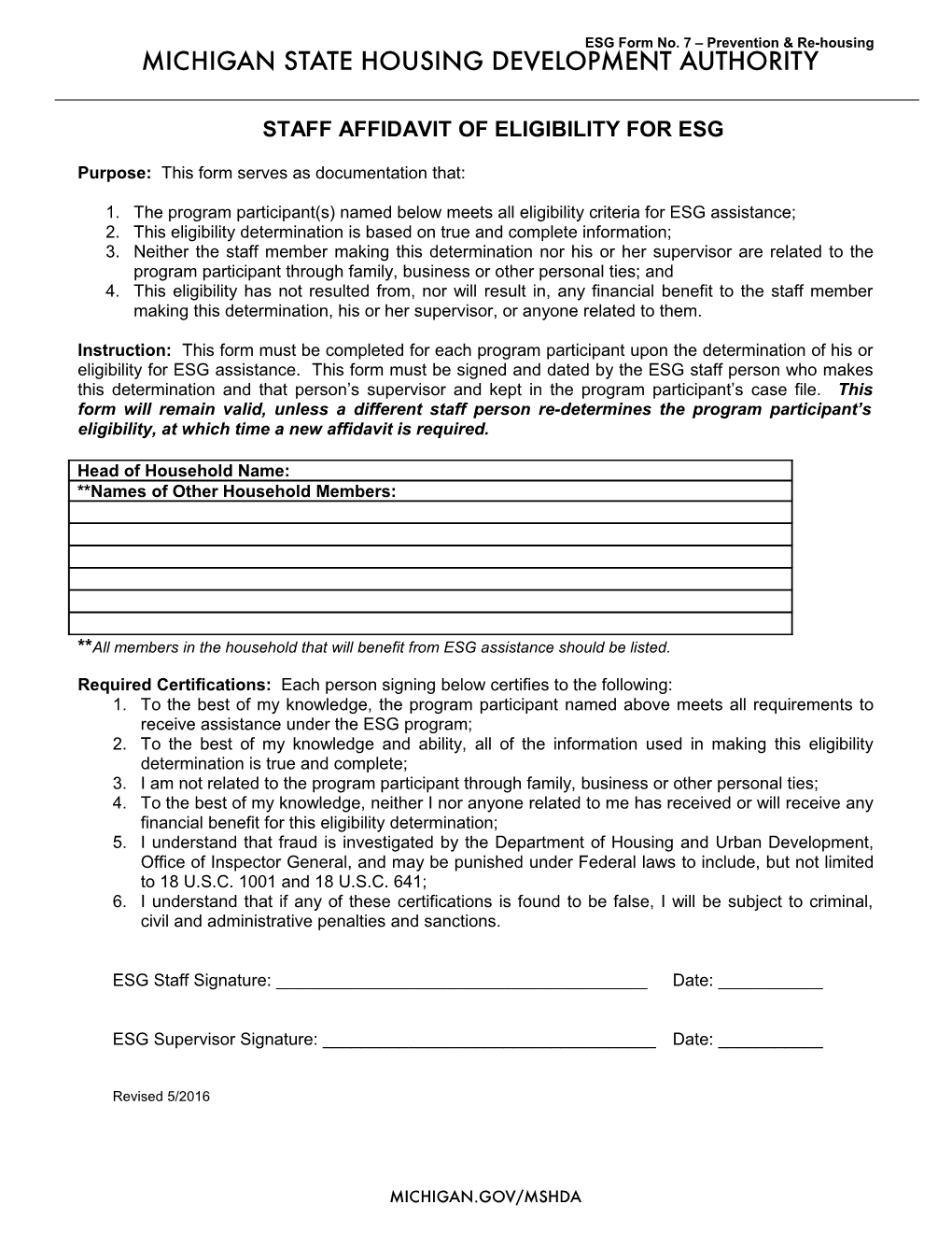 ESG Form No. 7 Prevention & Re-Housing