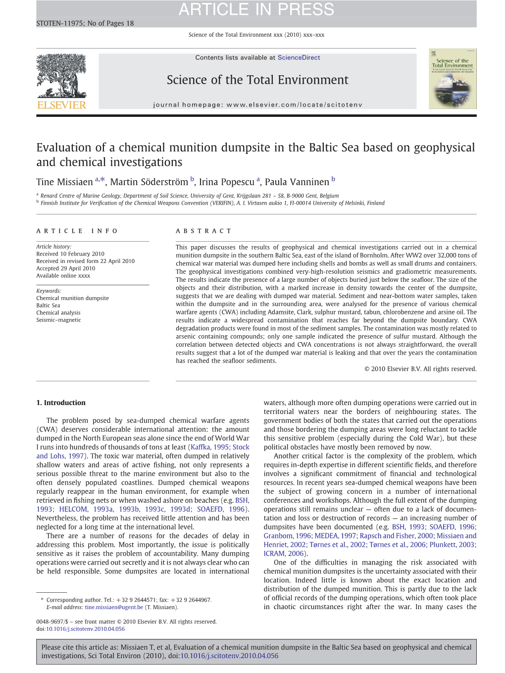 Evaluation of a Chemical Munition Dumpsite in the Baltic Sea Based on Geophysical and Chemical Investigations