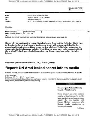 Report: Uzi Arad Leaked Secret Info to Media