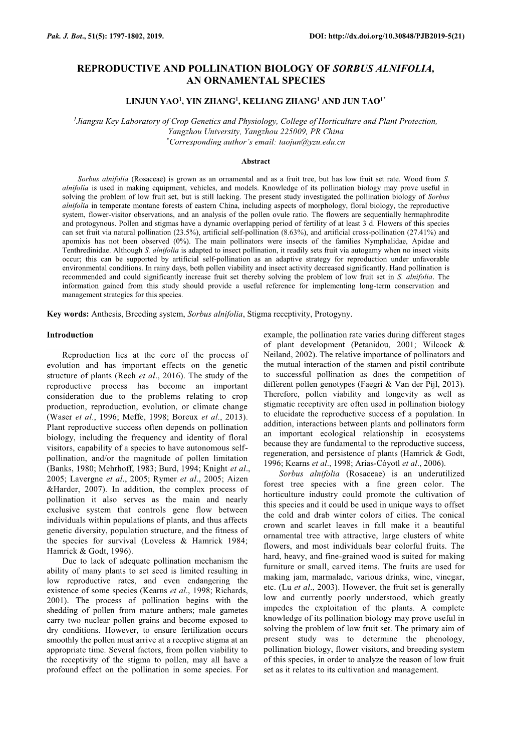 Reproductive and Pollination Biology of Sorbus Alnifolia, an Ornamental Species