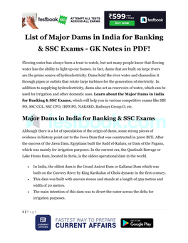 List of Major Dams in India for Banking & SSC Exams