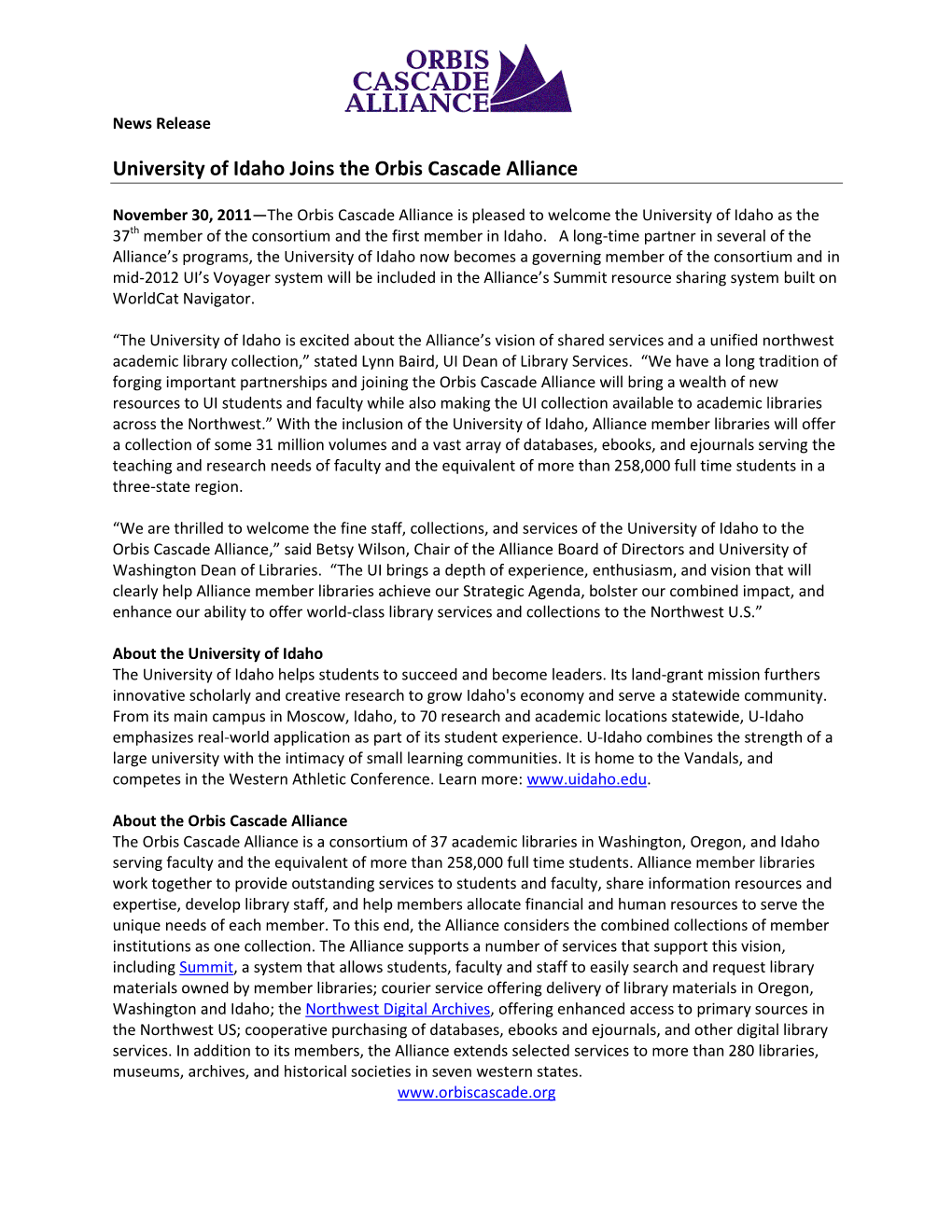 University of Idaho Joins the Orbis Cascade Alliance