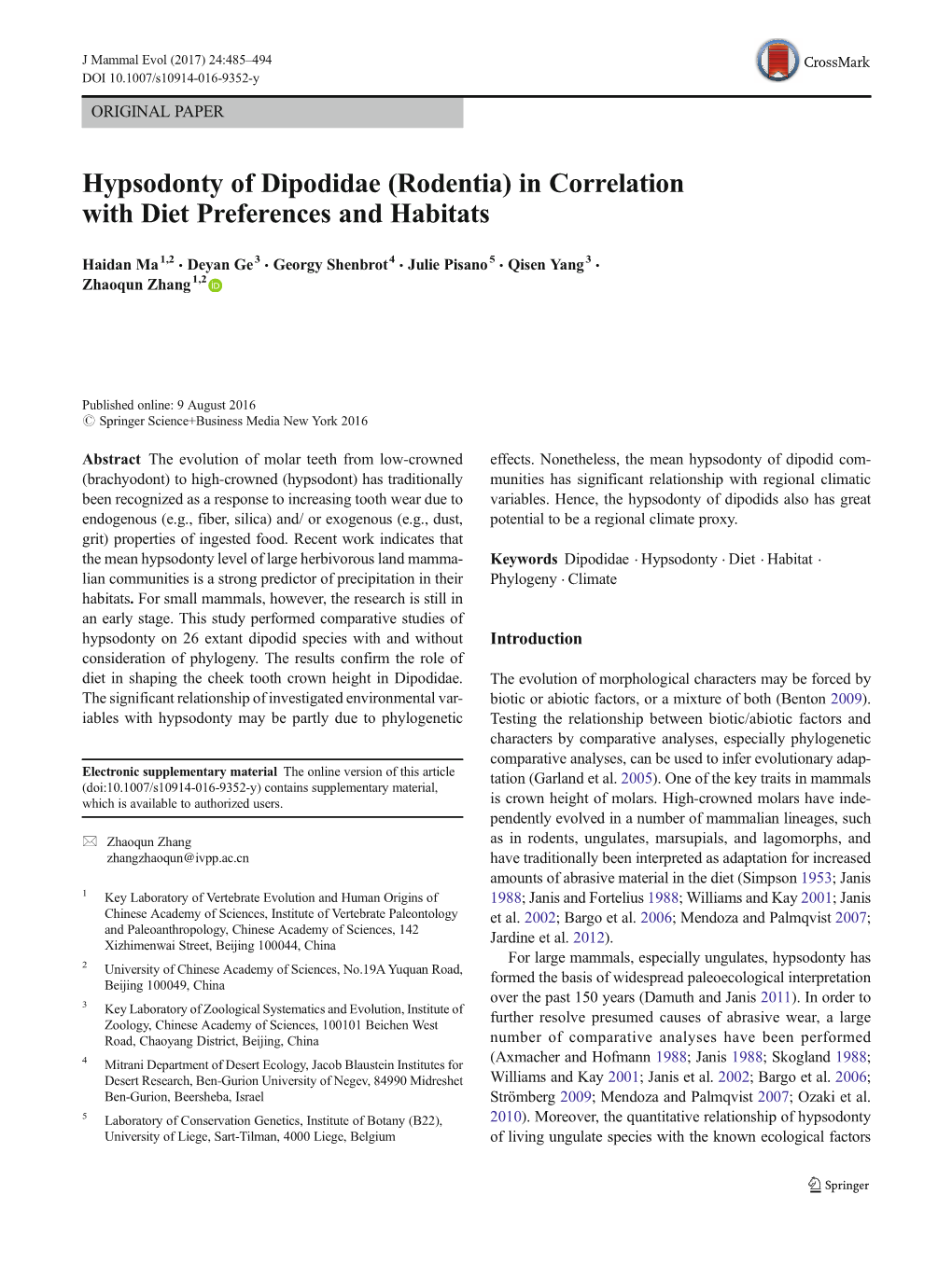 Hypsodonty of Dipodidae (Rodentia) in Correlation with Diet Preferences and Habitats