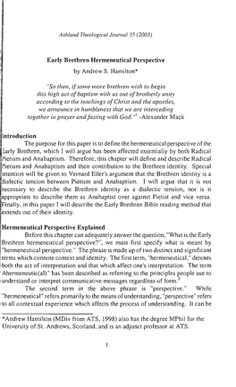 Early Brethren Hermeneutical Perspective by Andrew S. Hamilton*