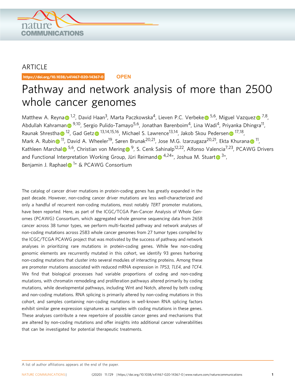 Pathway and Network Analysis of More Than 2500 Whole Cancer Genomes