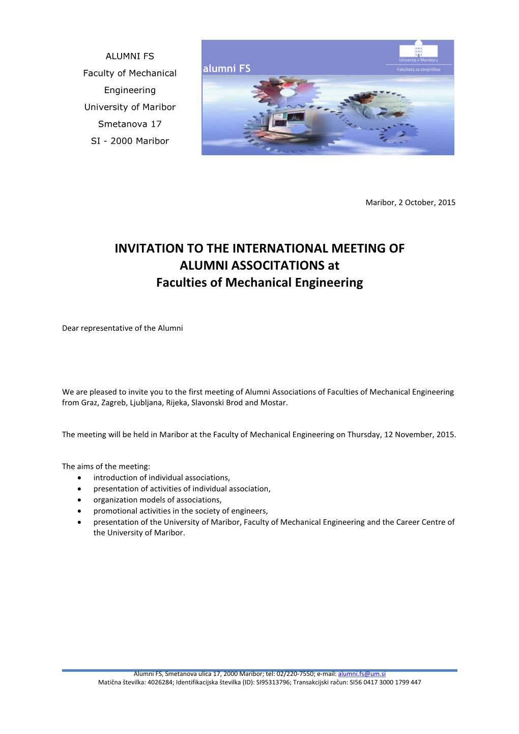 INVITATION to the INTERNATIONAL MEETING of ALUMNI ASSOCITATIONS at Faculties of Mechanical Engineering