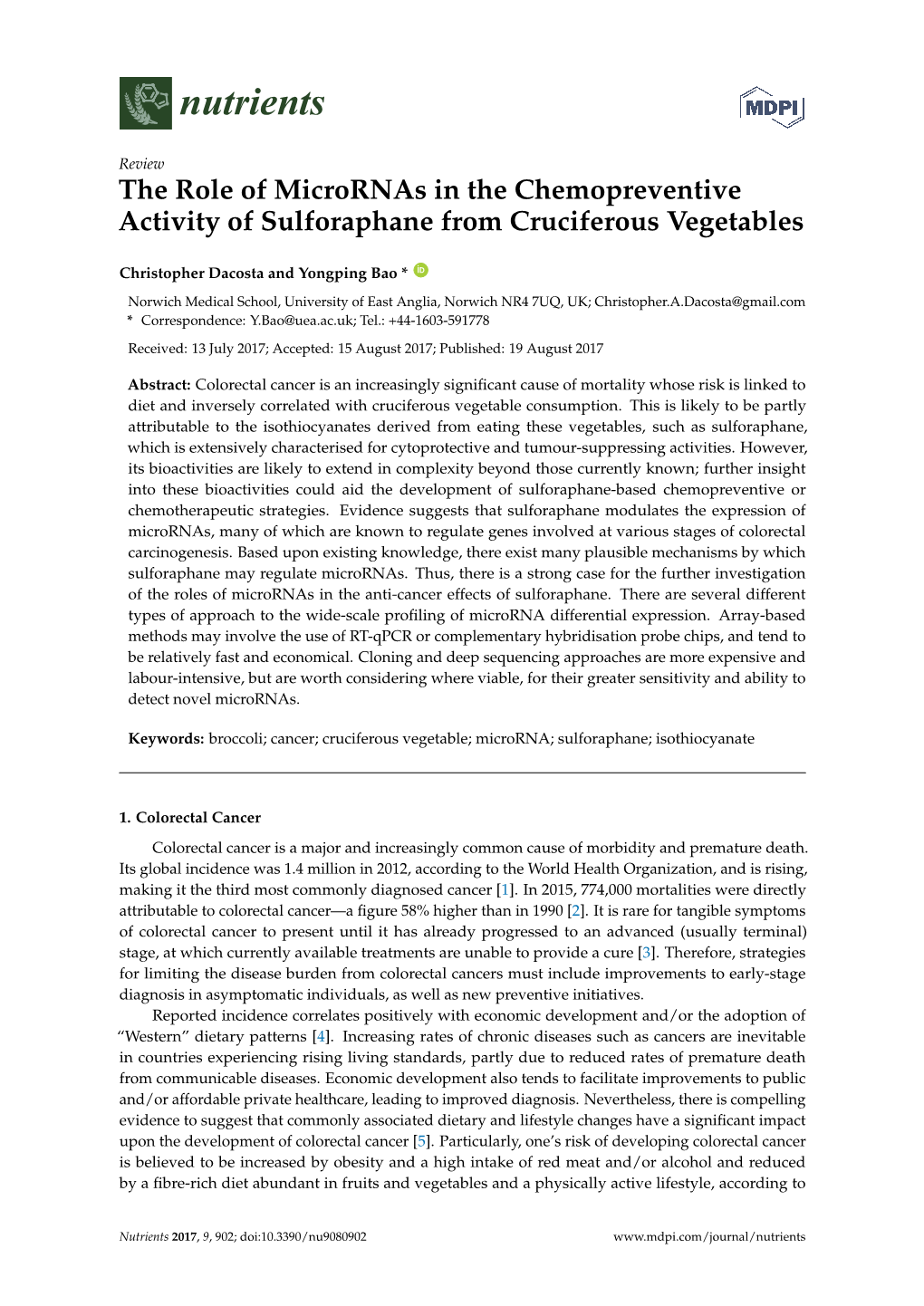 The Role of Micrornas in the Chemopreventive Activity of Sulforaphane from Cruciferous Vegetables