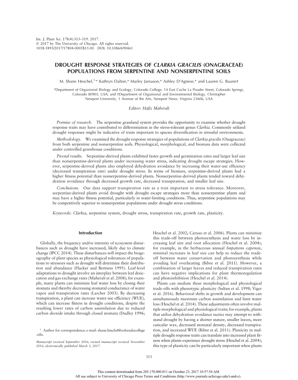 Drought Response Strategies of Clarkia Gracilis (Onagraceae) Populations from Serpentine and Nonserpentine Soils