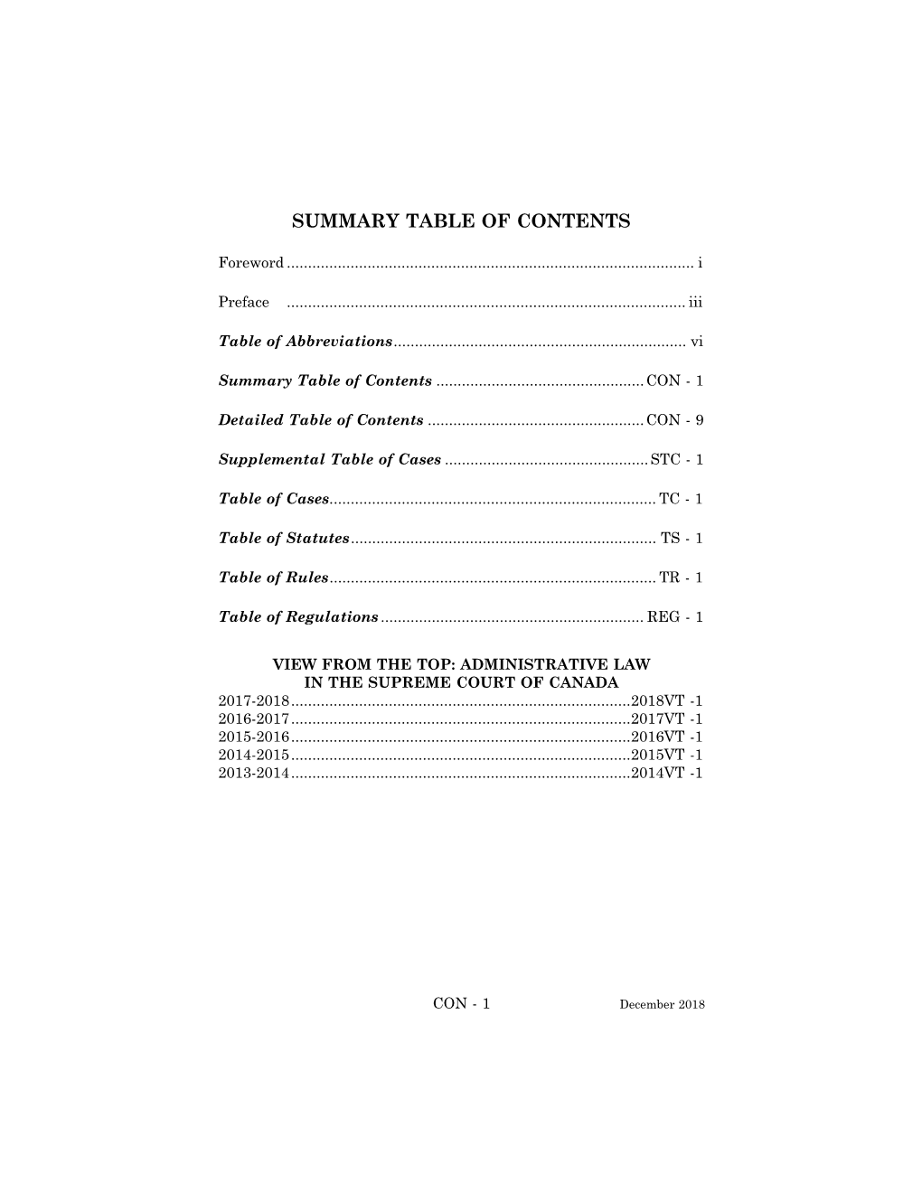 Summary Table of Contents