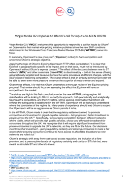 Virgin Media O2 Response to Ofcom's Call for Inputs on ACCN OR728