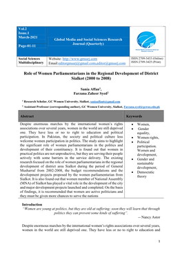 Role of Women Parliamentarians in the Regional Development of District Sialkot (2000 to 2008)