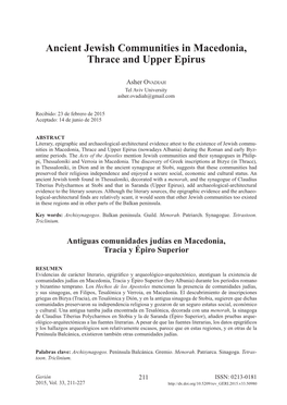 Ancient Jewish Communities in Macedonia, Thrace and Upper Epirus