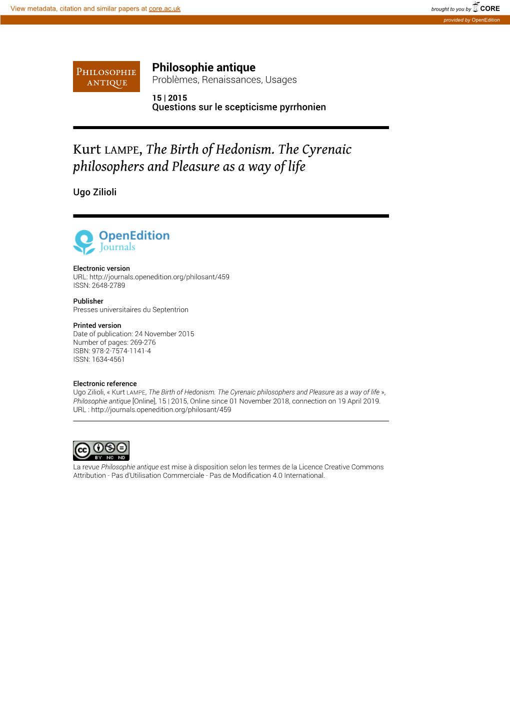 Kurt LAMPE, the Birth of Hedonism. the Cyrenaic Philosophers and Pleasure As a Way of Life