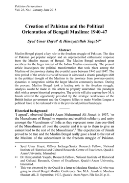 Creation of Pakistan and the Political Orientation of Bengali Muslims: 1940-47