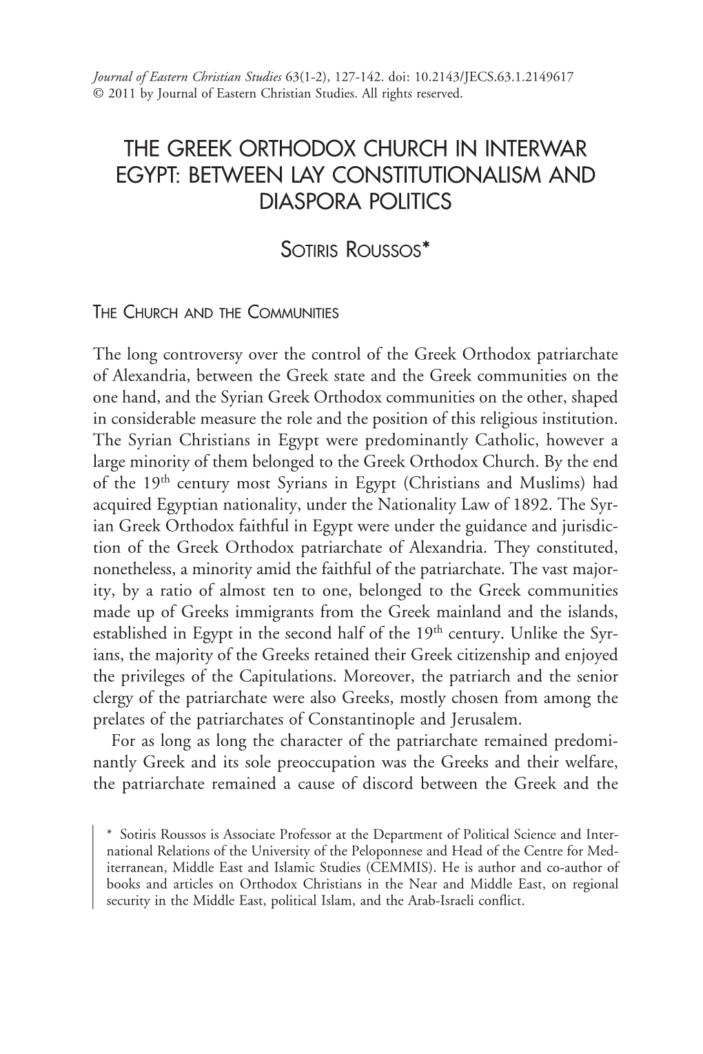 The Greek Orthodox Church in Interwar Egypt: Between Lay Constitutionalism and Diaspora Politics