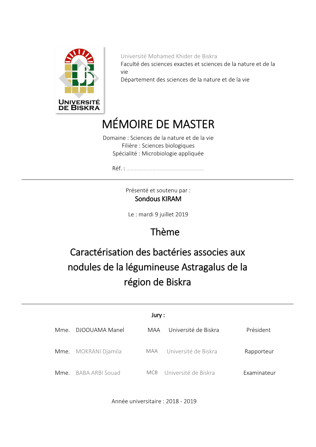 MÉMOIRE DE MASTER Domaine : Sciences De La Nature Et De La Vie Filière : Sciences Biologiques Spécialité : Microbiologie Appliquée