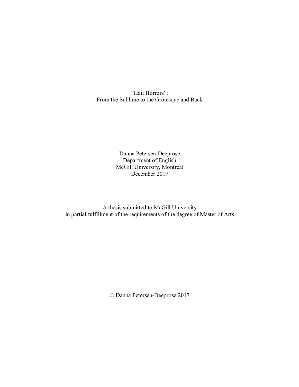 “Hail Horrors”: from the Sublime to the Grotesque and Back Danna Petersen-Deeprose Department of English Mcgill University