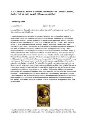 E. H. Gombrich, Review of Richard Krautheimer on Lorenzo Ghiberti, Apollo, Vol