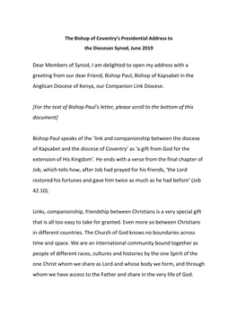 Presidential Address at Diocesan Synod