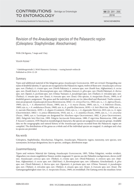 Revision of the Anaulacaspis Species of the Palaearctic Region (Coleoptera: Staphylinidae: Aleocharinae)