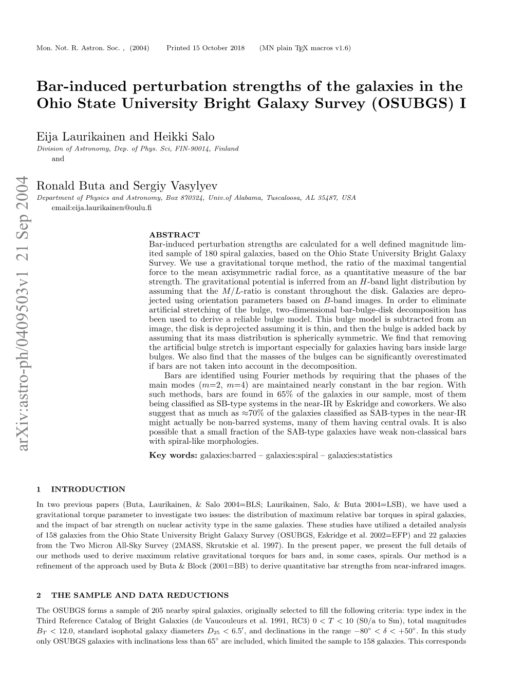 Bar-Induced Perturbation Strengths of the Galaxies in the Ohio State