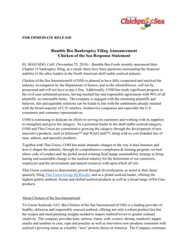 Bumble Bee Bankruptcy Filing Announcement Chicken of the Sea Response Statement