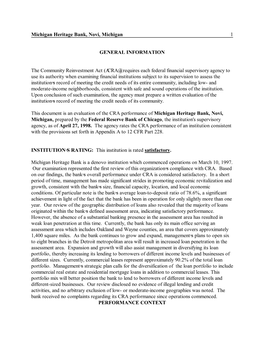Michigan Heritage Bank, Novi, Michigan 1 GENERAL
