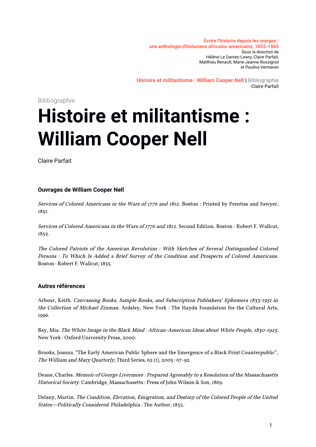 Histoire Et Militantisme : William Cooper Nell | Bibliographie Claire Parfait