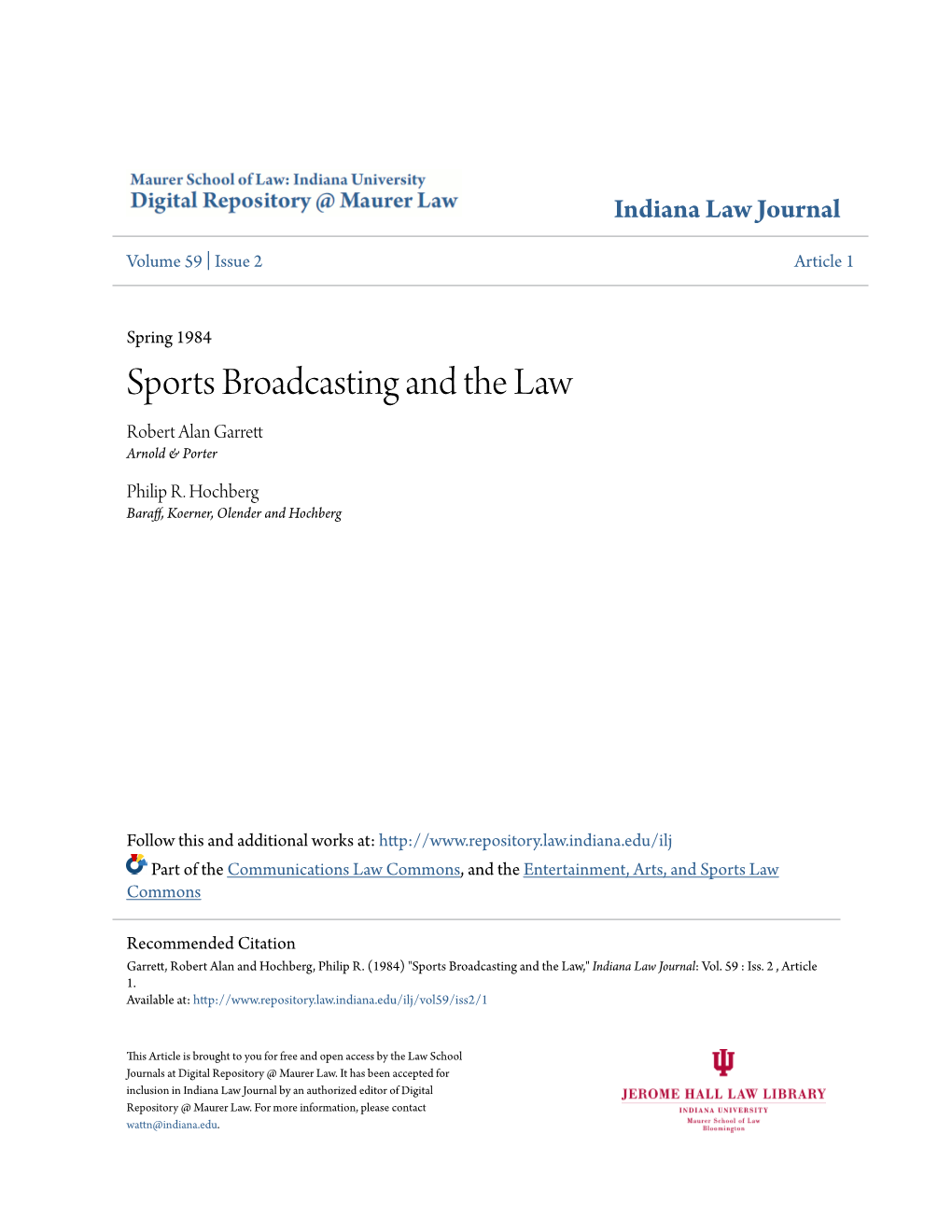 Sports Broadcasting and the Law Robert Alan Garrett Arnold & Porter