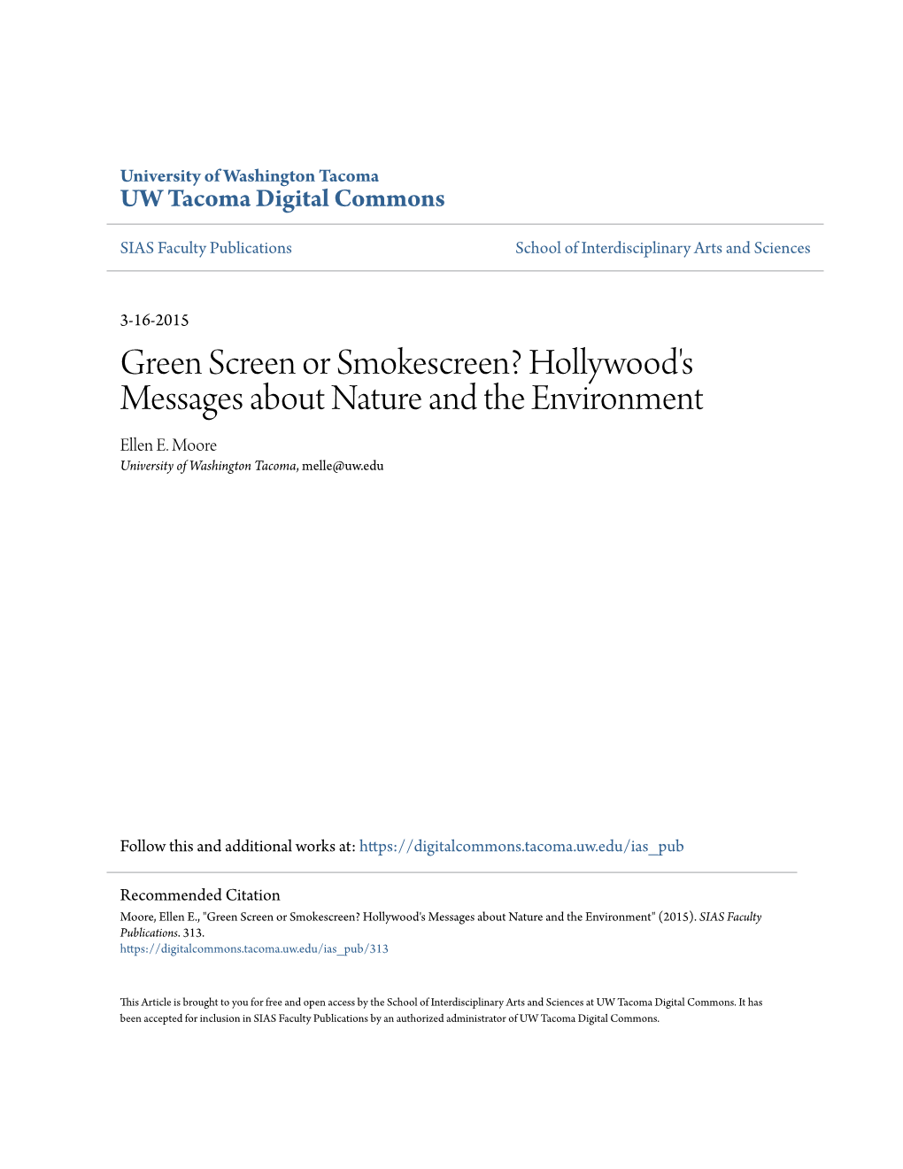 Green Screen Or Smokescreen? Hollywood's Messages About Nature and the Environment Ellen E